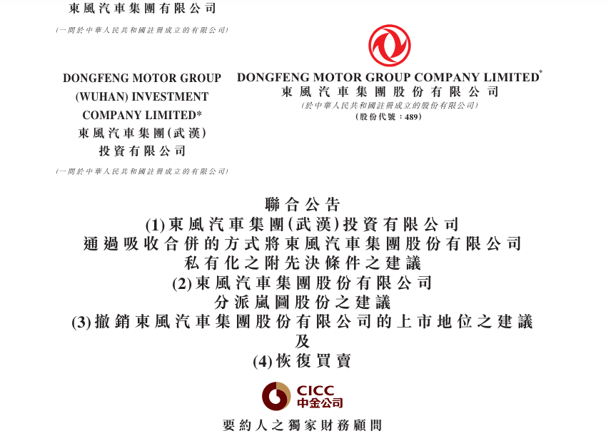東風(fēng)集團股份將私有化退市！